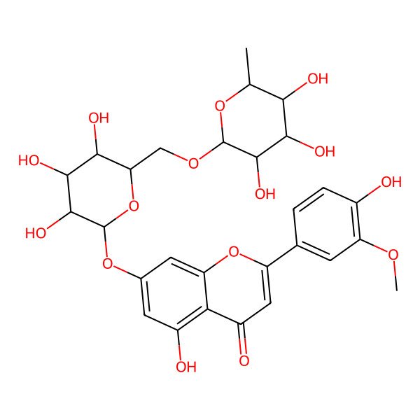 2D Structure of 5-hydroxy-2-(4-hydroxy-3-methoxy-phenyl)-7-[(2S,3R,4S,5S,6R)-3,4,5-trihydroxy-6-[[(2R,3R,4R,5R,6S)-3,4,5-trihydroxy-6-methyl-tetrahydropyran-2-yl]oxymethyl]tetrahydropyran-2-yl]oxy-chromen-4-one