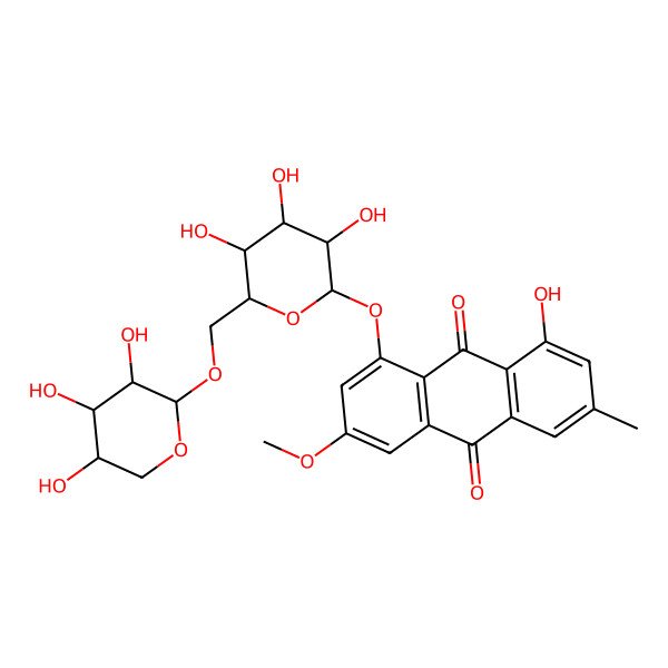 2D Structure of 1-Hydroxy-3-methyl-6-methoxy-8-(6-O-beta-D-xylopyranosyl-beta-D-glucopyranosyloxy)-9,10-anthraquinone