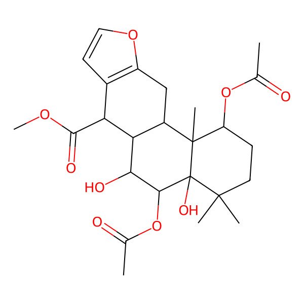 2D Structure of methyl (1S,4aR,5S,6R,6aR,7S,11aS,11bS)-1,5-diacetyloxy-4a,6-dihydroxy-4,4,11b-trimethyl-2,3,5,6,6a,7,11,11a-octahydro-1H-naphtho[2,1-f][1]benzofuran-7-carboxylate