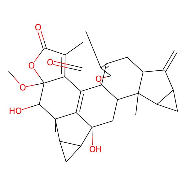 2D Structure of (2R,8S,10S,12R,13S,14S,16S,17S,19R,20S,21R,22S)-16,21-dihydroxy-22-methoxy-5,13,20,25-tetramethyl-9-methylidene-3,23-dioxanonacyclo[14.10.1.02,6.02,14.08,13.010,12.017,19.020,27.022,26]heptacosa-1(27),5,25-triene-4,24-dione