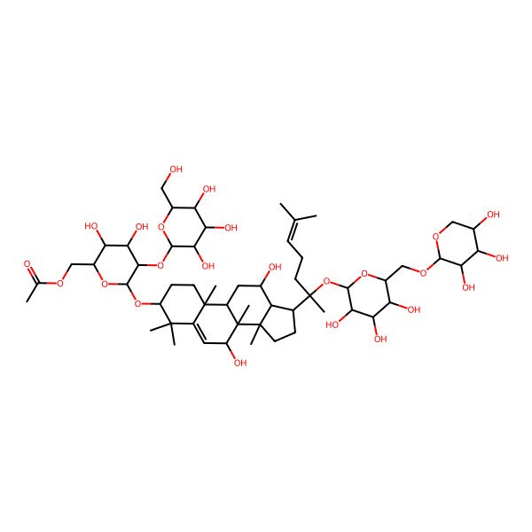 2D Structure of [(2R,3S,4S,5R,6R)-6-[[(3S,7S,8R,9R,10R,12R,13R,14R,17S)-7,12-dihydroxy-4,4,8,10,14-pentamethyl-17-[(2S)-6-methyl-2-[(2S,3R,4S,5S,6R)-3,4,5-trihydroxy-6-[[(2S,3R,4S,5R)-3,4,5-trihydroxyoxan-2-yl]oxymethyl]oxan-2-yl]oxyhept-5-en-2-yl]-2,3,7,9,11,12,13,15,16,17-decahydro-1H-cyclopenta[a]phenanthren-3-yl]oxy]-3,4-dihydroxy-5-[(2S,3R,4S,5S,6R)-3,4,5-trihydroxy-6-(hydroxymethyl)oxan-2-yl]oxyoxan-2-yl]methyl acetate