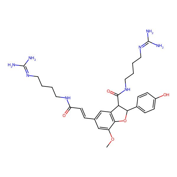 2D Structure of (2R,3R)-N-[4-(diaminomethylideneamino)butyl]-5-[(E)-3-[4-(diaminomethylideneamino)butylamino]-3-oxoprop-1-enyl]-2-(4-hydroxyphenyl)-7-methoxy-2,3-dihydro-1-benzofuran-3-carboxamide