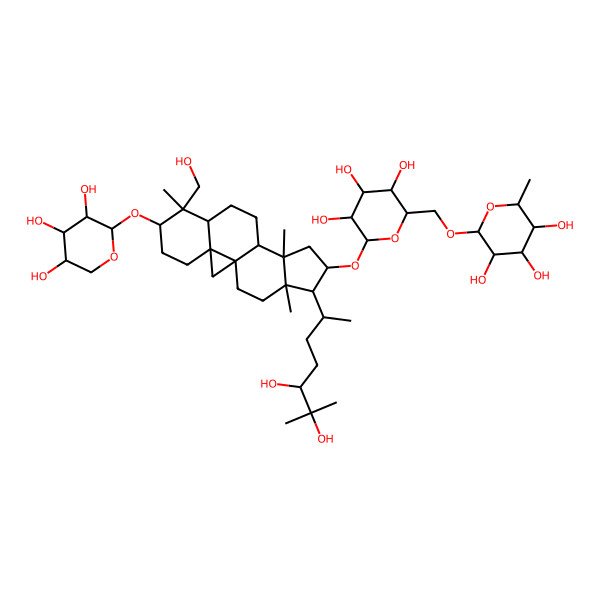 2D Structure of (2R,3R,4R,5R,6R)-2-[[(2R,3R,4S,5R,6R)-6-[[(1S,3R,6S,7S,8R,11S,12S,14S,15R,16R)-15-[(2R,5S)-5,6-dihydroxy-6-methylheptan-2-yl]-7-(hydroxymethyl)-7,12,16-trimethyl-6-[(2S,3R,4R,5R)-3,4,5-trihydroxyoxan-2-yl]oxy-14-pentacyclo[9.7.0.01,3.03,8.012,16]octadecanyl]oxy]-3,4,5-trihydroxyoxan-2-yl]methoxy]-6-methyloxane-3,4,5-triol