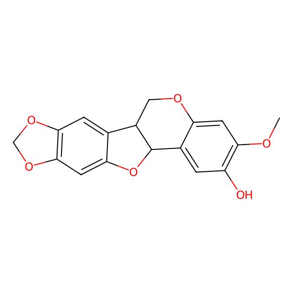 2D Structure of 6H-[1,3]Dioxolo[5,6]benzofuro[3,2-c][1]benzopyran-2-ol, 6a,12a-dihydro-3-methoxy-, (6ar-cis)-