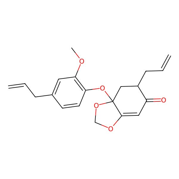 2D Structure of (6R,7aS)-7a-(2-methoxy-4-prop-2-enylphenoxy)-6-prop-2-enyl-6,7-dihydro-1,3-benzodioxol-5-one 2D Structure of (6R,7aS)-7a-(2-methoxy-4-prop-2-enylphenoxy)-6-prop-2-enyl-6,7-dihydro-1,3-benzodioxol-5-one