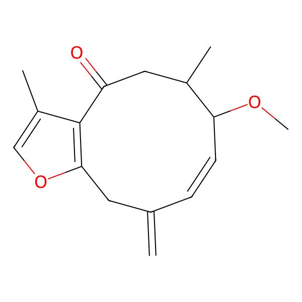 2D Structure of (6S,7R,8E)-7-methoxy-3,6-dimethyl-10-methylidene-5,6,7,11-tetrahydrocyclodeca[b]furan-4-one