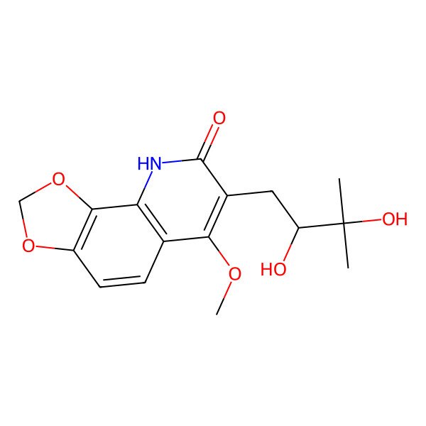 2D Structure of 7-(2,3-dihydroxy-3-methylbutyl)-6-methoxy-9H-[1,3]dioxolo[4,5-h]quinolin-8-one
