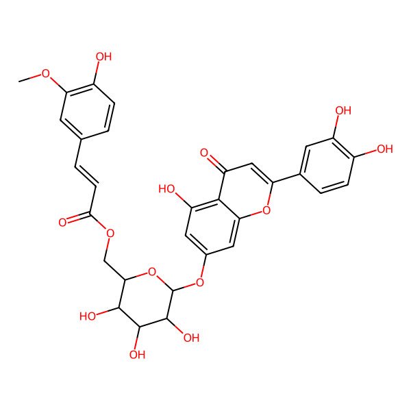 2D Structure of [(2R,3S,4S,5R,6S)-6-[2-(3,4-dihydroxyphenyl)-5-hydroxy-4-oxochromen-7-yl]oxy-3,4,5-trihydroxyoxan-2-yl]methyl (E)-3-(4-hydroxy-3-methoxyphenyl)prop-2-enoate
