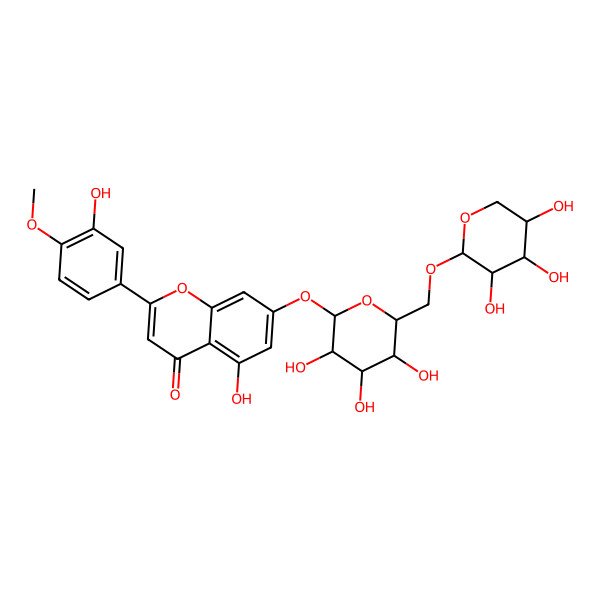 2D Structure of 7-[(6-O-beta-D-Xylopyranosyl-beta-D-glucopyranosyl)oxy]-3',5-dihydroxy-4'-methoxyflavone