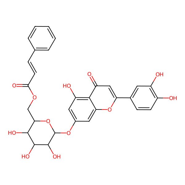 2D Structure of [(2R,3S,4S,5R,6S)-6-[2-(3,4-dihydroxyphenyl)-5-hydroxy-4-oxochromen-7-yl]oxy-3,4,5-trihydroxyoxan-2-yl]methyl (E)-3-phenylprop-2-enoate