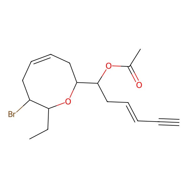 2D Structure of 7-Bromo-8-ethyl-3,6,7,8-tetrahydro-alpha-2-penten-4-ynyl-2H-oxocin-2-methanol acetate