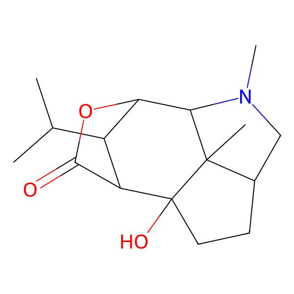 2D Structure of 7-Hydroxy-2,12-dimethyl-13-propan-2-yl-10-oxa-2-azatetracyclo[5.4.1.18,11.04,12]tridecan-9-one