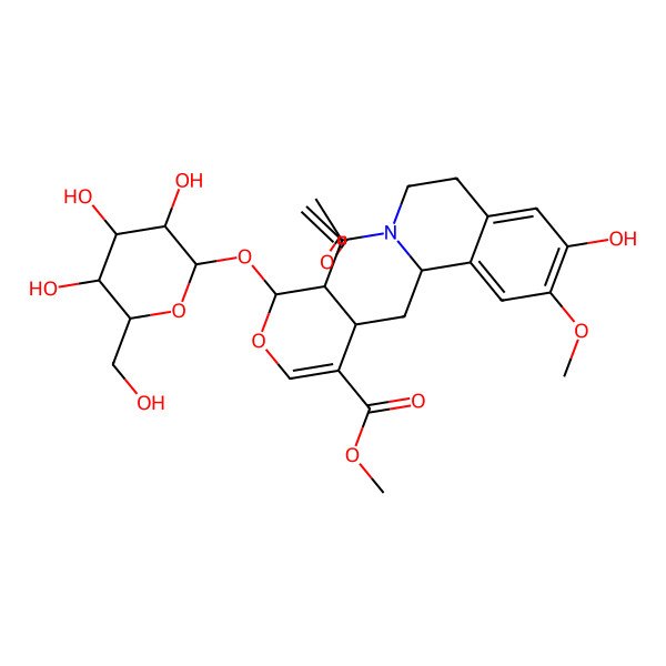 2D Structure of methyl (2S,3R,4S)-4-[[(1R)-2-acetyl-6-hydroxy-7-methoxy-3,4-dihydro-1H-isoquinolin-1-yl]methyl]-3-ethenyl-2-[(2S,3R,4S,5S,6R)-3,4,5-trihydroxy-6-(hydroxymethyl)oxan-2-yl]oxy-3,4-dihydro-2H-pyran-5-carboxylate