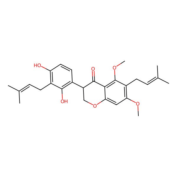 2D Structure of (3R)-3-[2,4-dihydroxy-3-(3-methylbut-2-enyl)phenyl]-5,7-dimethoxy-6-(3-methylbut-2-enyl)-2,3-dihydrochromen-4-one