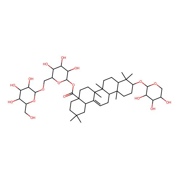2D Structure of Olean-12-en-28-oic acid, 3-(alpha-L-arabinopyranosyloxy)-, 6-O-beta-D-glucopyranosyl-beta-D-glucopyranosyl ester, (3beta)- 2D Structure of Olean-12-en-28-oic acid, 3-(alpha-L-arabinopyranosyloxy)-, 6-O-beta-D-glucopyranosyl-beta-D-glucopyranosyl ester, (3beta)-