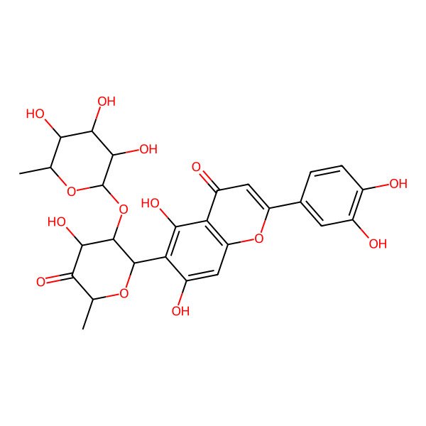2D Structure of 2-(3,4-dihydroxyphenyl)-5,7-dihydroxy-6-[(2R,4R)-4-hydroxy-6-methyl-5-oxo-3-[(2S,4S,5R)-3,4,5-trihydroxy-6-methyloxan-2-yl]oxyoxan-2-yl]chromen-4-one