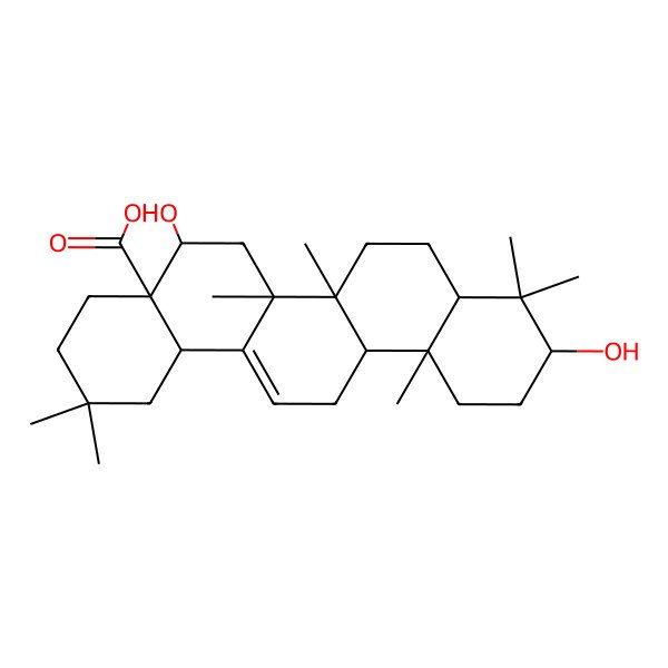 2D Structure of (4aR,5R,6aS,6bR,10S,12aR)-5,10-dihydroxy-2,2,6a,6b,9,9,12a-heptamethyl-1,3,4,5,6,6a,7,8,8a,10,11,12,13,14b-tetradecahydropicene-4a-carboxylic acid 2D Structure of (4aR,5R,6aS,6bR,10S,12aR)-5,10-dihydroxy-2,2,6a,6b,9,9,12a-heptamethyl-1,3,4,5,6,6a,7,8,8a,10,11,12,13,14b-tetradecahydropicene-4a-carboxylic acid