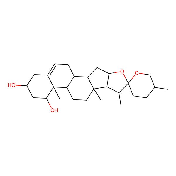 2D Structure of (5'S,9S,13R)-5',7,9,13-tetramethylspiro[5-oxapentacyclo[10.8.0.02,9.04,8.013,18]icos-18-ene-6,2'-oxane]-14,16-diol