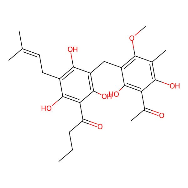 2D Structure of 3'-(3-Acetyl-2,4-dihydroxy-5-methyl-6-methoxybenzyl)-2',4',6'-trihydroxy-5'-(3-methyl-2-butenyl)butyrophenone
