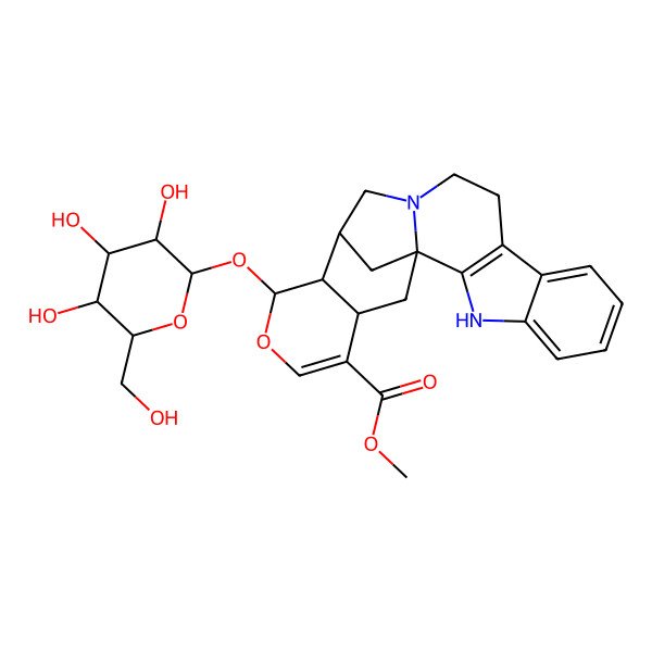 2D Structure of methyl (21S)-17-[(2S,3R,4S,5S,6R)-3,4,5-trihydroxy-6-(hydroxymethyl)oxan-2-yl]oxy-18-oxa-3,13-diazahexacyclo[13.7.1.01,13.02,10.04,9.016,21]tricosa-2(10),4,6,8,19-pentaene-20-carboxylate