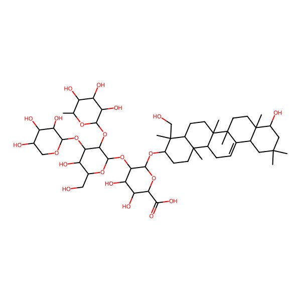 2D Structure of (2S,3S,4S,5R,6R)-6-[[(3S,4S,4aR,6aR,6bS,8aR,9R,12aS,14aR,14bR)-9-hydroxy-4-(hydroxymethyl)-4,6a,6b,8a,11,11,14b-heptamethyl-1,2,3,4a,5,6,7,8,9,10,12,12a,14,14a-tetradecahydropicen-3-yl]oxy]-3,4-dihydroxy-5-[(2S,3R,4S,5S,6R)-5-hydroxy-6-(hydroxymethyl)-3-[(2S,3R,4R,5R,6S)-3,4,5-trihydroxy-6-methyloxan-2-yl]oxy-4-[(2S,3R,4S,5S)-3,4,5-trihydroxyoxan-2-yl]oxyoxan-2-yl]oxyoxane-2-carboxylic acid