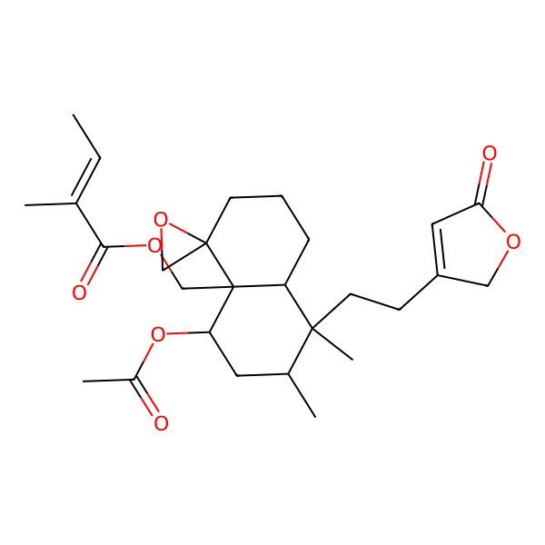2D Structure of [(4aR,5S,7R,8S,8aR)-5-acetyloxy-7,8-dimethyl-8-[2-(5-oxo-2H-furan-3-yl)ethyl]spiro[2,3,5,6,7,8a-hexahydro-1H-naphthalene-4,2'-oxirane]-4a-yl]methyl (E)-2-methylbut-2-enoate