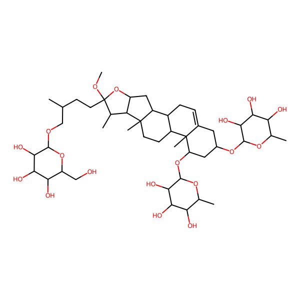 2D Structure of (2R,3R,4R,5R,6S)-2-[[(1S,2S,4S,6R,7S,8R,9S,12S,13R,14R,16R)-6-methoxy-7,9,13-trimethyl-6-[(3S)-3-methyl-4-[(2R,3R,4S,5S,6R)-3,4,5-trihydroxy-6-(hydroxymethyl)oxan-2-yl]oxybutyl]-14-[(2R,3R,4S,5R,6R)-3,4,5-trihydroxy-6-methyloxan-2-yl]oxy-5-oxapentacyclo[10.8.0.02,9.04,8.013,18]icos-18-en-16-yl]oxy]-6-methyloxane-3,4,5-triol