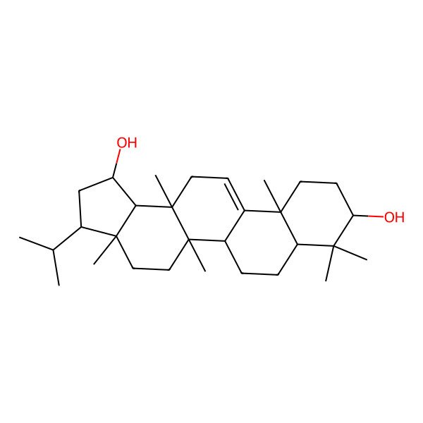 2D Structure of 3a,5a,8,8,11a,13a-Hexamethyl-3-(propan-2-yl)-2,3,3a,4,5,5a,5b,6,7,7a,8,9,10,11,11a,13,13a,13b-octadecahydro-1H-cyclopenta[a]chrysene-1,9-diol