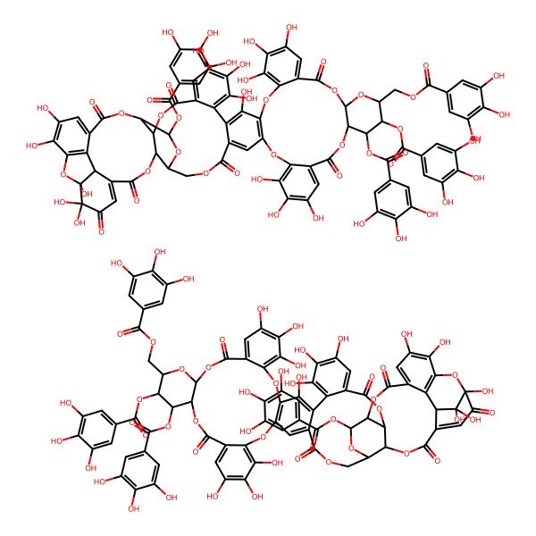 2D Structure of [(1R,62R)-1,13,14,15,18,22,23,24,39,40,41,58,59,63,63-pentadecahydroxy-2,5,10,27,36,47,55-heptaoxo-32,33,52-tris[(3,4,5-trihydroxybenzoyl)oxy]-6,9,20,28,30,35,43,48,51,54,64-undecaoxadodecacyclo[58.3.1.04,62.07,50.08,53.011,16.017,46.019,44.021,26.029,34.037,42.056,61]tetrahexaconta-3,11,13,15,17,19(44),21,23,25,37,39,41,45,56,58,60-hexadecaen-31-yl]methyl 3,4,5-trihydroxybenzoate;[(1R,63R)-1,2,2,14,15,16,19,23,24,25,40,41,42,59,60-pentadecahydroxy-3,6,11,28,37,48,56-heptaoxo-33,34,53-tris[(3,4,5-trihydroxybenzoyl)oxy]-7,10,21,29,31,36,44,49,52,55,64-undecaoxadodecacyclo[59.2.1.05,63.08,51.09,54.012,17.018,47.020,45.022,27.030,35.038,43.057,62]tetrahexaconta-4,12,14,16,18,20(45),22,24,26,38,40,42,46,57,59,61-hexadecaen-32-yl]methyl 3,4,5-trihydroxybenzoate