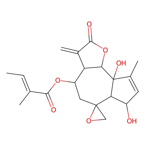 2D Structure of [(3aR,4R,6R,6aR,7R,9aS,9bS)-7,9a-dihydroxy-9-methyl-3-methylidene-2-oxospiro[3a,4,5,6a,7,9b-hexahydroazuleno[4,5-b]furan-6,2'-oxirane]-4-yl] (E)-2-methylbut-2-enoate