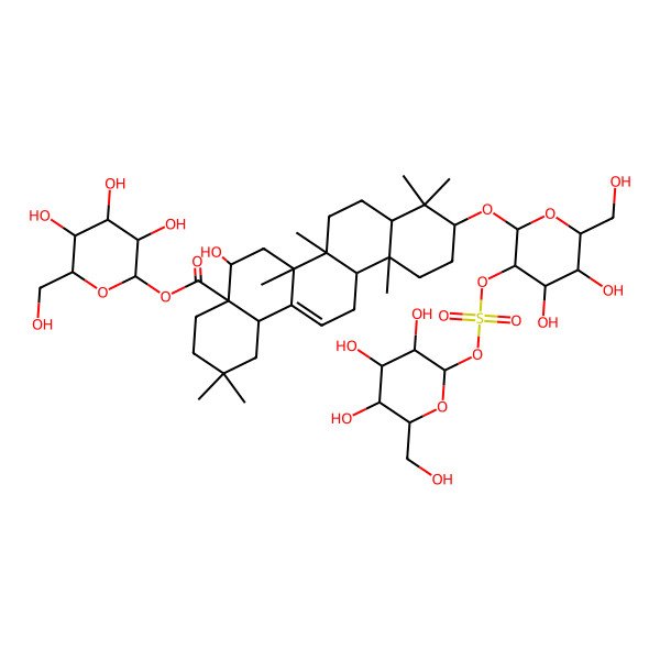 2D Structure of [(2S,3R,4S,5S,6R)-3,4,5-trihydroxy-6-(hydroxymethyl)oxan-2-yl] 10-[(2R,3R,4S,5S,6R)-4,5-dihydroxy-6-(hydroxymethyl)-3-[(2S,3R,4S,5S,6R)-3,4,5-trihydroxy-6-(hydroxymethyl)oxan-2-yl]oxysulfonyloxyoxan-2-yl]oxy-5-hydroxy-2,2,6a,6b,9,9,12a-heptamethyl-1,3,4,5,6,6a,7,8,8a,10,11,12,13,14b-tetradecahydropicene-4a-carboxylate