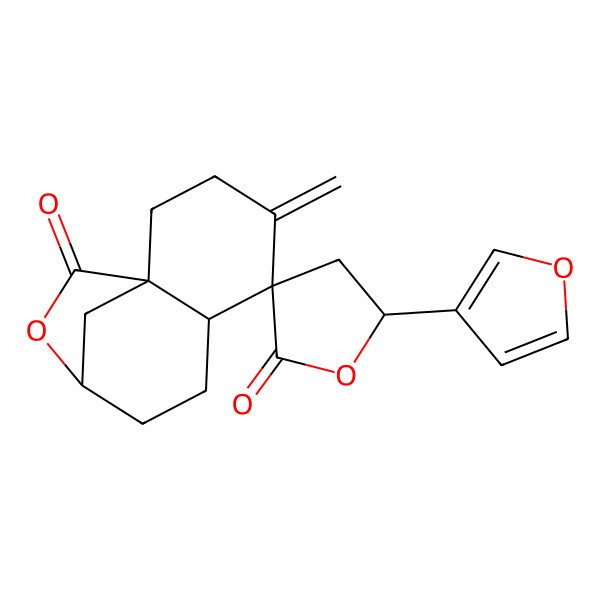 2D Structure of (1R,5S,5'S,6S,9R)-5'-(furan-3-yl)-4-methylidenespiro[10-oxatricyclo[7.2.1.01,6]dodecane-5,3'-oxolane]-2',11-dione