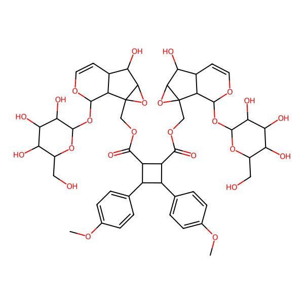 2D Structure of bis[[(1S,2S,4S,5S,6R,10S)-5-hydroxy-10-[(2S,3R,4S,5S,6R)-3,4,5-trihydroxy-6-(hydroxymethyl)oxan-2-yl]oxy-3,9-dioxatricyclo[4.4.0.02,4]dec-7-en-2-yl]methyl] (1S,2R,3S,4R)-3,4-bis(4-methoxyphenyl)cyclobutane-1,2-dicarboxylate