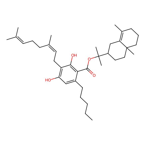 2D Structure of 2-[(2R,4aR)-4a,8-dimethyl-2,3,4,5,6,7-hexahydro-1H-naphthalen-2-yl]propan-2-yl 3-[(2E)-3,7-dimethylocta-2,6-dienyl]-2,4-dihydroxy-6-pentylbenzoate