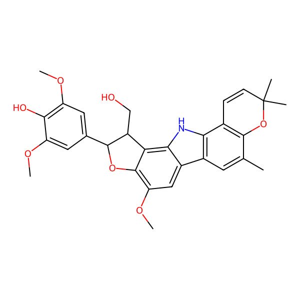2D Structure of 4-[(7R,8S)-8-(hydroxymethyl)-4-methoxy-16,16,19-trimethyl-6,17-dioxa-11-azapentacyclo[10.8.0.02,10.05,9.013,18]icosa-1(12),2,4,9,13(18),14,19-heptaen-7-yl]-2,6-dimethoxyphenol