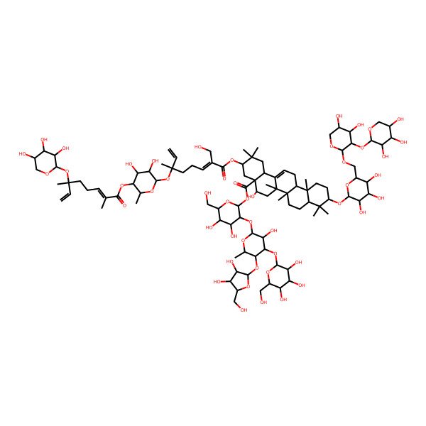 2D Structure of [(2S,3R,4S,5S,6R)-3-[(2S,3R,4S,5S,6S)-5-[(2S,3R,4R,5S)-3,4-dihydroxy-5-(hydroxymethyl)oxolan-2-yl]oxy-3-hydroxy-6-methyl-4-[(2S,3R,4S,5S,6R)-3,4,5-trihydroxy-6-(hydroxymethyl)oxan-2-yl]oxyoxan-2-yl]oxy-4,5-dihydroxy-6-(hydroxymethyl)oxan-2-yl] (3S,4aR,5R,6aR,6aS,6bR,8aR,10S,12aR,14bS)-10-[(2R,3R,4S,5S,6R)-6-[[(2S,3R,4S,5S)-4,5-dihydroxy-3-[(2S,3R,4S,5R)-3,4,5-trihydroxyoxan-2-yl]oxyoxan-2-yl]oxymethyl]-3,4,5-trihydroxyoxan-2-yl]oxy-3-[(2E,6S)-6-[(2S,3R,4R,5S,6R)-5-[(2E,6R)-2,6-dimethyl-6-[(2S,3R,4S,5R)-3,4,5-trihydroxyoxan-2-yl]oxyocta-2,7-dienoyl]oxy-3,4-dihydroxy-6-methyloxan-2-yl]oxy-2-(hydroxymethyl)-6-methylocta-2,7-dienoyl]oxy-5-hydroxy-2,2,6a,6b,9,9,12a-heptamethyl-1,3,4,5,6,6a,7,8,8a,10,11,12,13,14b-tetradecahydropicene-4a-carboxylate