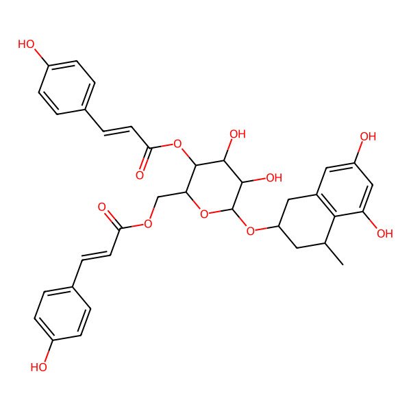2D Structure of [6-[(5,7-dihydroxy-4-methyl-1,2,3,4-tetrahydronaphthalen-2-yl)oxy]-4,5-dihydroxy-3-[(E)-3-(4-hydroxyphenyl)prop-2-enoyl]oxyoxan-2-yl]methyl (E)-3-(4-hydroxyphenyl)prop-2-enoate