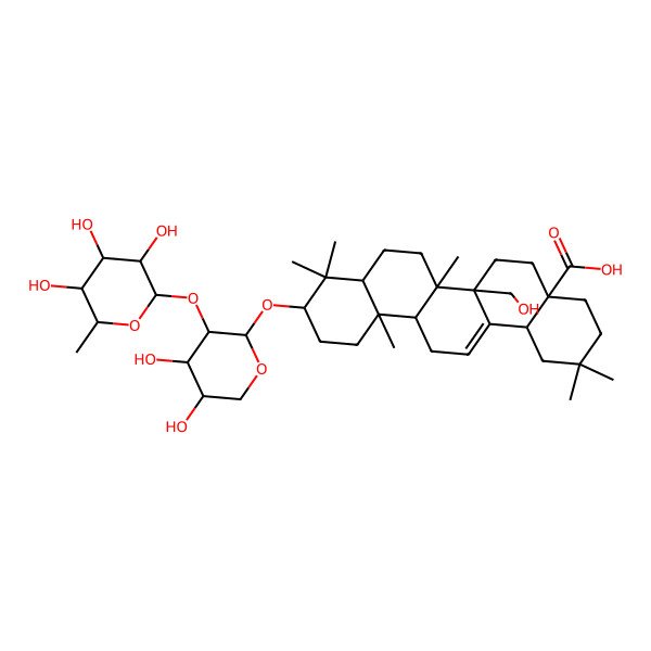 2D Structure of (4aS,6aR,6bR,12aR)-10-[(2S,3R,4S,5R)-4,5-dihydroxy-3-[(2S,3R,4R,5R,6S)-3,4,5-trihydroxy-6-methyloxan-2-yl]oxyoxan-2-yl]oxy-6a-(hydroxymethyl)-2,2,6b,9,9,12a-hexamethyl-1,3,4,5,6,6a,7,8,8a,10,11,12,13,14b-tetradecahydropicene-4a-carboxylic acid