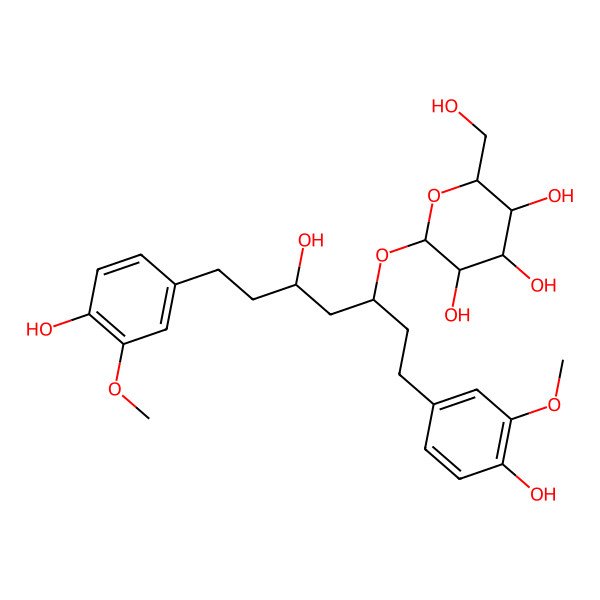 2D Structure of (2R,3R,4S,5S,6R)-2-[(3R,5R)-5-hydroxy-1,7-bis(4-hydroxy-3-methoxyphenyl)heptan-3-yl]oxy-6-(hydroxymethyl)oxane-3,4,5-triol