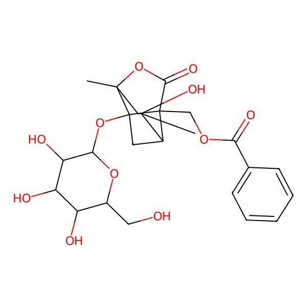 2D Structure of [(1R,3R,4R,6S)-4-hydroxy-4,6-dimethyl-8-oxo-1-[(2S,3R,4S,5S,6R)-3,4,5-trihydroxy-6-(hydroxymethyl)oxan-2-yl]oxy-7-oxatricyclo[4.3.0.03,9]nonan-9-yl]methyl benzoate