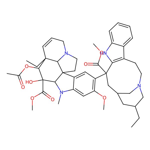 2D Structure of methyl (1R,10S,11R,12R,19R)-11-acetyloxy-12-ethyl-4-[(13S,15S,17R)-17-ethyl-13-methoxycarbonyl-1,11-diazatetracyclo[13.3.1.04,12.05,10]nonadeca-4(12),5,7,9-tetraen-13-yl]-10-hydroxy-5-methoxy-8-methyl-8,16-diazapentacyclo[10.6.1.01,9.02,7.016,19]nonadeca-2,4,6,13-tetraene-10-carboxylate