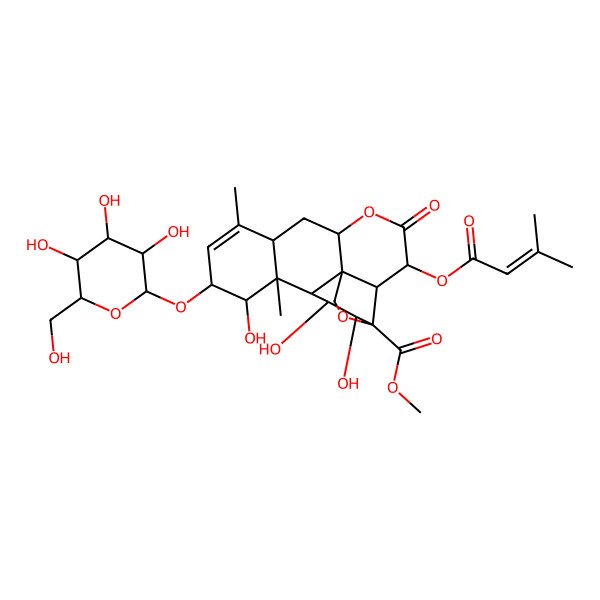 2D Structure of methyl (1R,2S,3R,6R,8S,11S,12S,13S,14R,15R,16S,17R)-12,15,16-trihydroxy-9,13-dimethyl-3-(3-methylbut-2-enoyloxy)-4-oxo-11-[(2R,3R,4S,5S,6R)-3,4,5-trihydroxy-6-(hydroxymethyl)oxan-2-yl]oxy-5,18-dioxapentacyclo[12.5.0.01,6.02,17.08,13]nonadec-9-ene-17-carboxylate