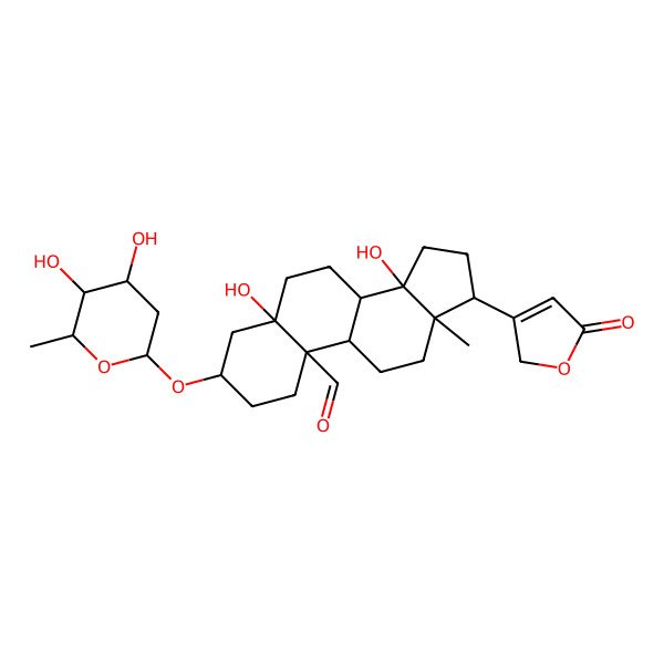 2D Structure of (5S,8R,9S,10S,13R,14R,17R)-3-[(2R,4S,5S,6R)-4,5-dihydroxy-6-methyloxan-2-yl]oxy-5,14-dihydroxy-13-methyl-17-(5-oxo-2H-furan-3-yl)-2,3,4,6,7,8,9,11,12,15,16,17-dodecahydro-1H-cyclopenta[a]phenanthrene-10-carbaldehyde