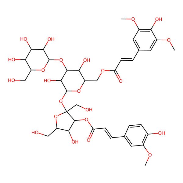 2D Structure of [(2S,3S,4R,5R)-2-[(2R,3R,4S,5R,6R)-3,5-dihydroxy-6-[[(E)-3-(4-hydroxy-3,5-dimethoxyphenyl)prop-2-enoyl]oxymethyl]-4-[(2S,3R,4S,5S,6R)-3,4,5-trihydroxy-6-(hydroxymethyl)oxan-2-yl]oxyoxan-2-yl]oxy-4-hydroxy-2,5-bis(hydroxymethyl)oxolan-3-yl] (E)-3-(4-hydroxy-3-methoxyphenyl)prop-2-enoate
