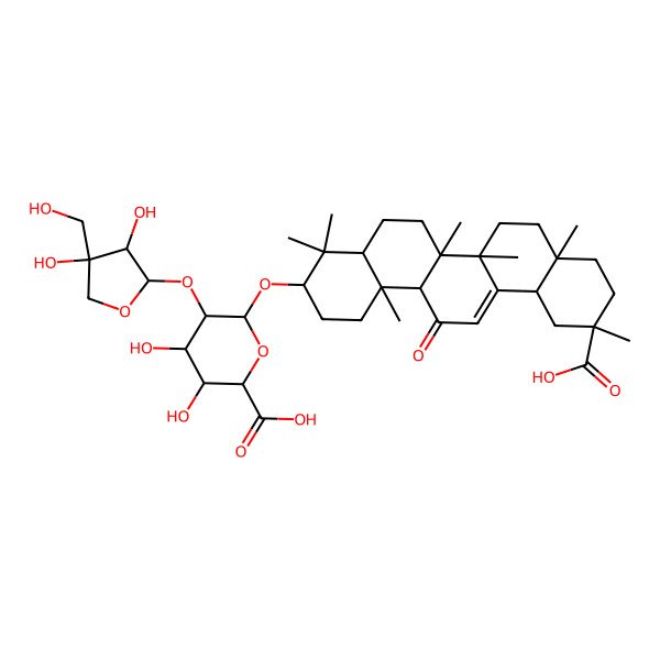 2D Structure of (2S,3S,4S,5R,6S)-6-[[(3S,4aR,6aR,6bS,8aS,11S,12aR,14aR,14bS)-11-carboxy-4,4,6a,6b,8a,11,14b-heptamethyl-14-oxo-2,3,4a,5,6,7,8,9,10,12,12a,14a-dodecahydro-1H-picen-3-yl]oxy]-5-[(2S,3R,4R)-3,4-dihydroxy-4-(hydroxymethyl)oxolan-2-yl]oxy-3,4-dihydroxyoxane-2-carboxylic acid