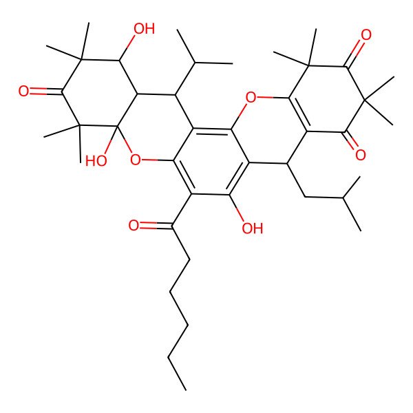 2D Structure of (4aS,8R,14S,14aR)-6-hexanoyl-1,4a,7-trihydroxy-2,2,4,4,10,10,12,12-octamethyl-8-(2-methylpropyl)-14-propan-2-yl-1,8,14,14a-tetrahydrochromeno[2,3-a]xanthene-3,9,11-trione