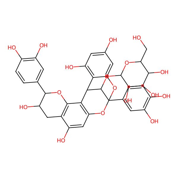 2D Structure of (1S,5R,6R,13R,21S)-5,13-bis(3,4-dihydroxyphenyl)-21-[(2S,3R,4S,5R,6R)-3,4,5-trihydroxy-6-(hydroxymethyl)oxan-2-yl]oxy-4,12,14-trioxapentacyclo[11.7.1.02,11.03,8.015,20]henicosa-2(11),3(8),9,15,17,19-hexaene-6,9,17,19-tetrol