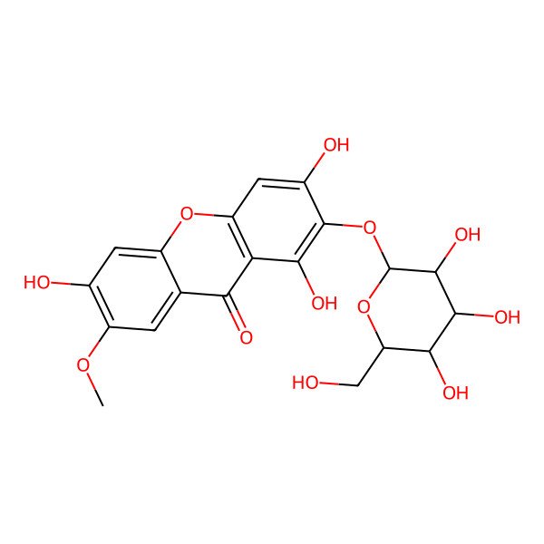 2D Structure of 1,3,6-trihydroxy-7-methoxy-2-[(2S,3R,4S,5S,6R)-3,4,5-trihydroxy-6-(hydroxymethyl)oxan-2-yl]oxyxanthen-9-one