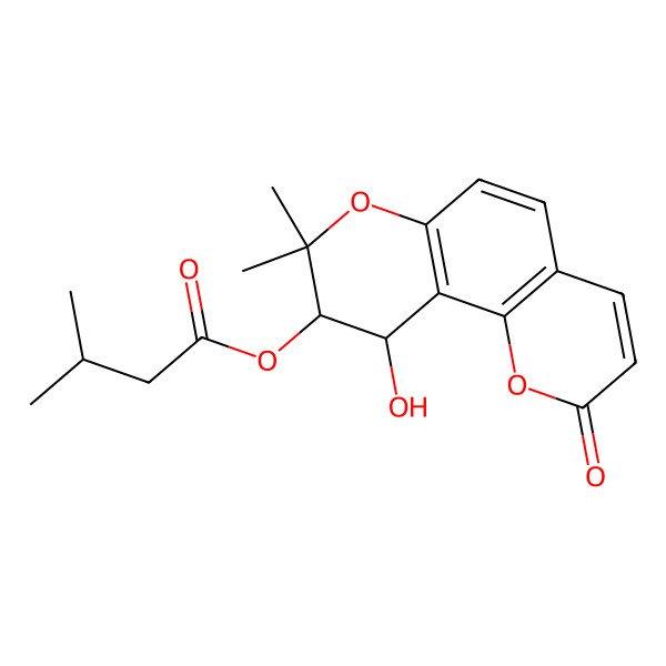2D Structure of Butanoic acid, 3-methyl-, 9,10-dihydro-10-hydroxy-8,8-dimethyl-2-oxo-2H,8H-benzo(1,2-b:3,4-b')dipyran-9-yl ester, (9R-trans)-