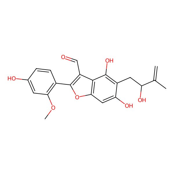 2D Structure of 4,6-Dihydroxy-2-(4-hydroxy-2-methoxyphenyl)-5-(2-hydroxy-3-methylbut-3-enyl)-1-benzofuran-3-carbaldehyde